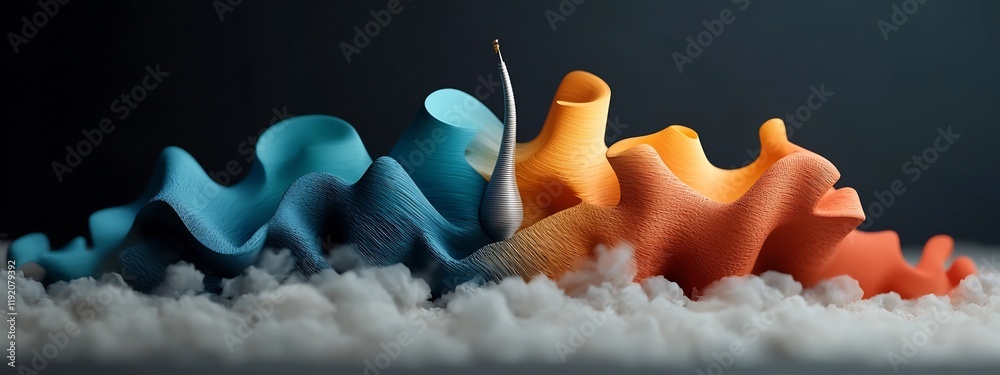 Poster a vibrant abstract 3d depicting a resonating reed generating a range of sound frequencies through it