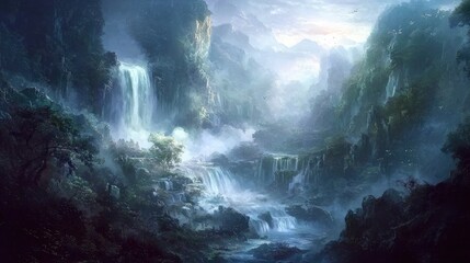 Obraz premium Serene Enchanted Landscape with Majestic Waterfalls and Lush Greenery Under Ethereal Sunrise Light in a Dreamy Misty Atmosphere