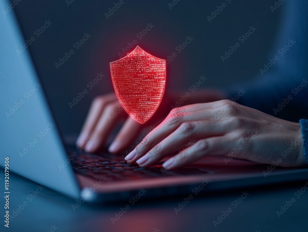 Leinwandbilder High-Tech Cybersecurity Visualization Indian Woman’s Hands on Laptop with Holographic Shield – Enhancing Data Safety in Digital Business Environments