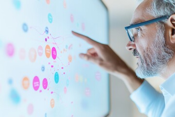 Tech-Driven Collaboration Dynamics Mature Professional Engaged with Interactive Digital Interface for Innovative Business Strategy and Productivity Insights in Modern Office