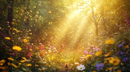 Obraz premium Enchanted Forest Path with Colorful Flowers and Glowing Sunlight Filtering Through Trees in a Beautiful Nature Scene