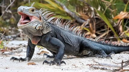 Fototapeta premium A close up shot of an iguana with its mouth open on a sandy terrain