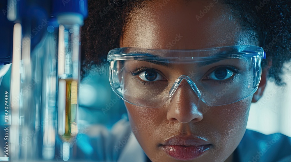 Poster close-up of a focused female scientist wearing protective goggles as she conducts experiments with t