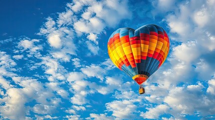 Obraz premium Heart-Shaped Hot Air Balloon Soaring Through a Vibrant Blue Sky with Fluffy Clouds for Romantic and Dreamy Themes