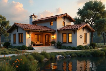 Obraz premium Spanish Style House With A Pond In The Front Yard