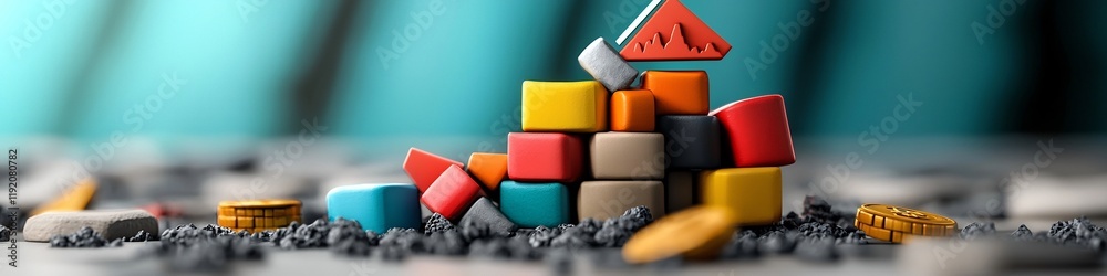 Poster a vibrant abstract composition of various geometric shapes and blocks in a range of colors represent