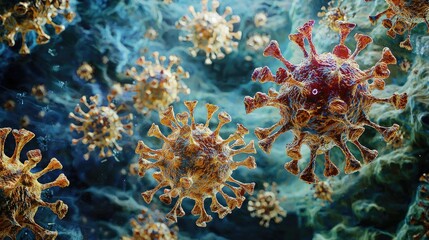 Naklejka premium Intricate 3D Illustration of Viruses Floating in an Abstract Microbial Environment with High Detail and Vivid Colors