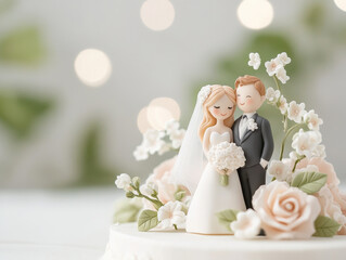 close up of wedding cake topper featuring bride and groom surrounded by flowers, symbolizing love and celebration