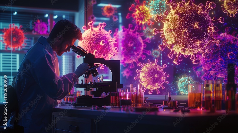 Poster Researcher in Laboratory Analyzing Viruses Under Microscope with Colorful Graphic Representation of Microorganisms Surrounding the Scientific Environment