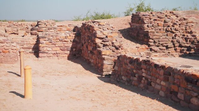 4K shot of ruins of Dholavira Harappan Civilization at Kutch, Gujarat, India. The ancient city of Dholavira UNESCO World Heritage Centre. Archaeological site of Indus valley civilization.