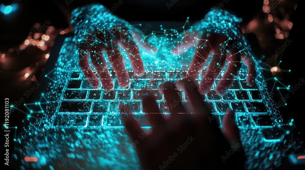 Poster Futuristic digital hands typing on a keyboard illuminated by glowing data and technology patterns in a dark environment showcasing innovation and connectivity