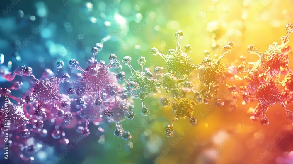 Leinwandbilder Colorful Abstract Representation of Molecular Structures with Light Reflections and a Rainbow Gradient Background for Science and Technology Concepts