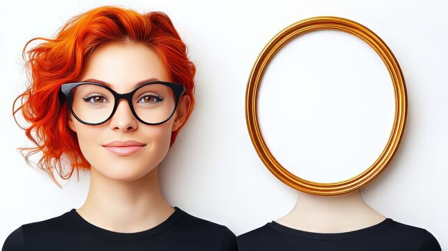 woman with vibrant red hair and stylish black glasses presents herself against a white background. Beside her is a golden frame, symbolizing creativity and individuality - Powered by Adobe