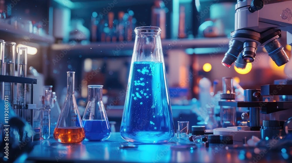 Poster laboratory setup with colorful beakers and microscope for scientific research in a modern science en