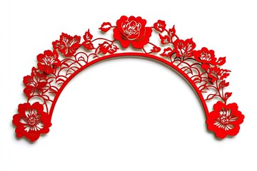 A festive Chinese New Year border with floral and papercut motifs, featuring a traditional arch, isolated on a clean white background.