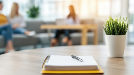 cozy counseling scene featuring notebook and pen on table, with diverse individuals in background engaged in conversation