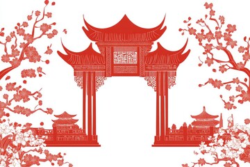 A festive Chinese New Year frame with intricate papercut art, floral blossoms, and a traditional Chinese arch, set on a clean white background.