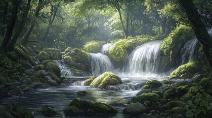 Obraz premium Lush Green Forest Waterfall Scene with Gentle Flowing Water, Vibrant Foliage, Sunlight Filtering Through Trees in a Serene Natural Setting