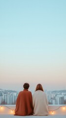 Fototapeta premium Couple Relaxation Couple Enjoying Urban Views on Rooftop at Dusk, City Skyline and Intimacy Highlighted