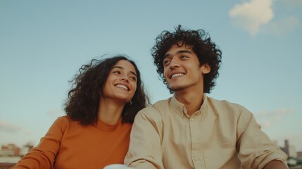 Smiling Couple Enjoying Tea on Cozy Apartment Balcony, Couple Relaxing in Urban Setting, Modern Relationships