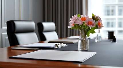 Modern conference room table with flowers, documents, and chairs.