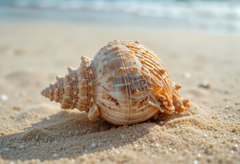 Close-up of a beautiful seashell on the sandy beach.