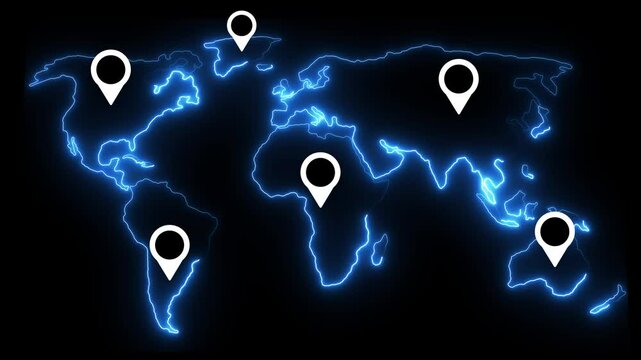 travel plan, neon world map, marking of positions on the map with PIN marks, trip around the world