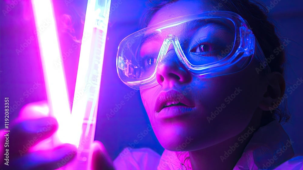 Poster young scientist with protective goggles observes glowing test tubes in a dark laboratory while condu