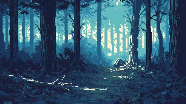 Retro-style pixel art of a dark forest with black shadows, creating a mysterious atmosphere.