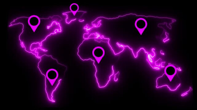 travel plan, neon world map, marking of positions on the map with PIN marks, trip around the world
