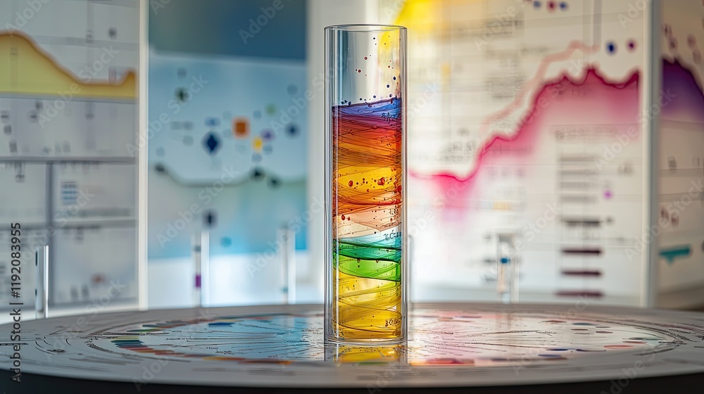 Aufkleber colorful liquid swirl in transparent tube surrounded by scientific data graphics and charts in moder