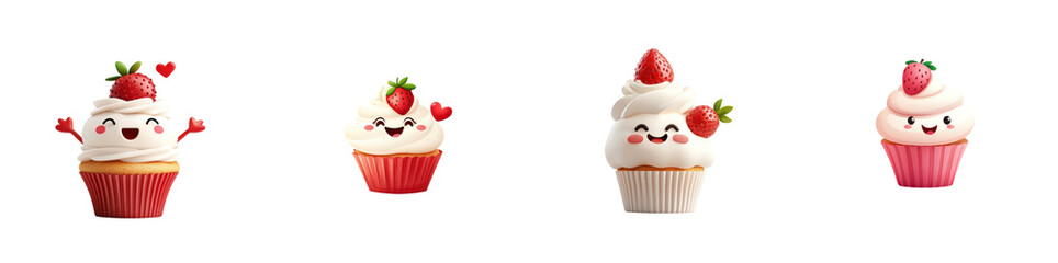 Strawberry cupcakes, playful character isolated on white background. Collection Png.