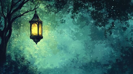 Glowing lantern hanging from tree branch in dark forest at night; mystical fantasy background ideal for game design