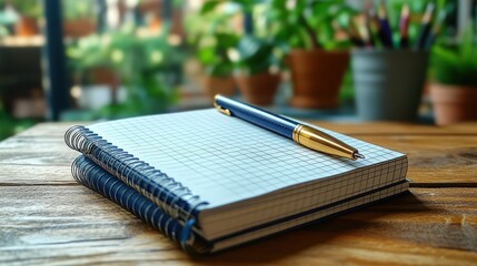 Notepad and Pen on Wooden Table with Blurred Background