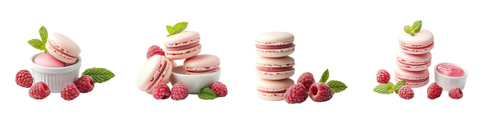 Obraz premium Raspberry macarons with spreading sauce isolated on white background. Collection Png.