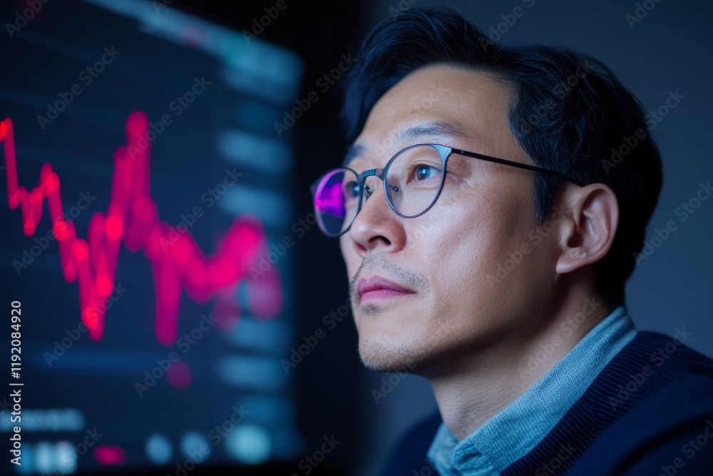 Aufkleber korean manager analyzing data on digital screen, corporate setting, korean manager focused on career
