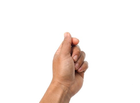 Male hand making a gesture of holding a card or business card. Some types of documents ID card Or a passport, coin, or something. Isolated on a white background.