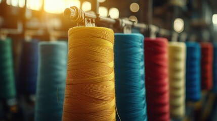 Colorful thread spools on a rack. Ideal for textile, fashion, and manufacturing projects.