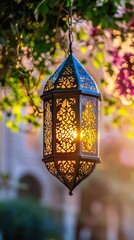 A beautifully crafted lantern casting warm light amidst vibrant flowers at sunset.