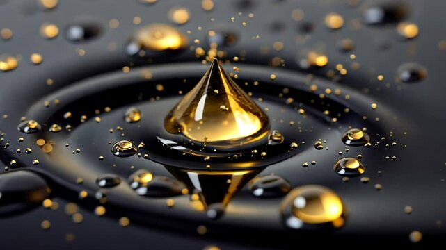 Golden oil drops splashing on black surface.