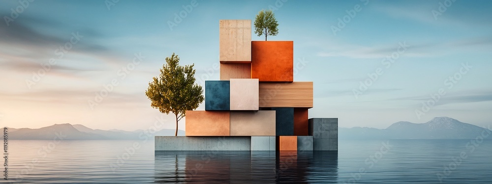 Poster a 3d rendered abstract and minimalist architectural composition floating on a calm lake representing
