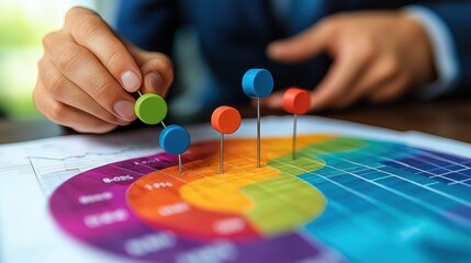 Fototapeta premium Hand placing colorful pins on a business chart with a vibrant pie graph. A concept of data analysis, strategic planning, and decision-making in business.