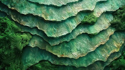 Fototapeta premium Abstract layered green textures resembling geological formations.