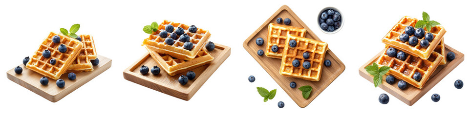 Blueberry waffles on a wooden tray isolated on white background. Collection Png.