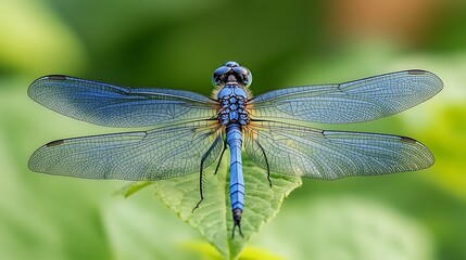 Blue dragonfly perched on leaf, garden background, nature macro