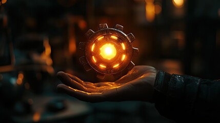 Close-up of a hand holding a glowing gear in a dimly lit workshop