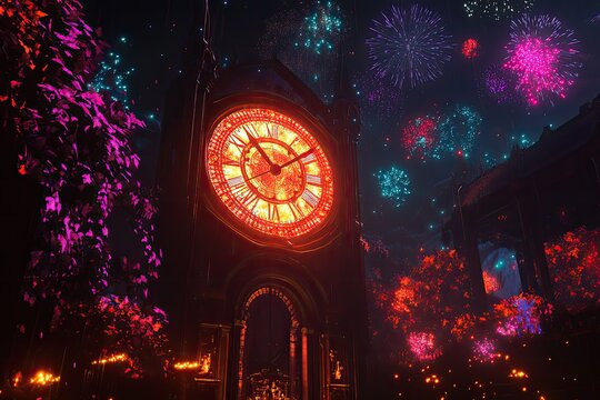 A glowing clock striking midnight against a dramatic sky filled with colorful fireworks.