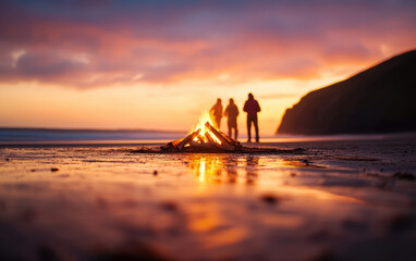 family gathering around bonfire on sandy beach at sunset, creating warm and joyful atmosphere