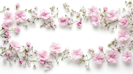 Obraz premium Pink flowers frame, white background, spring floral design, greeting card