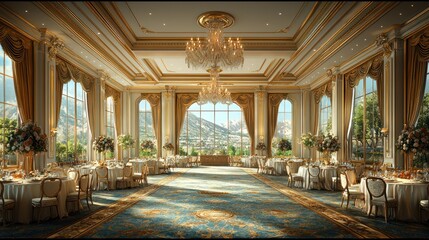Obraz premium Elegant banquet hall with scenic views.